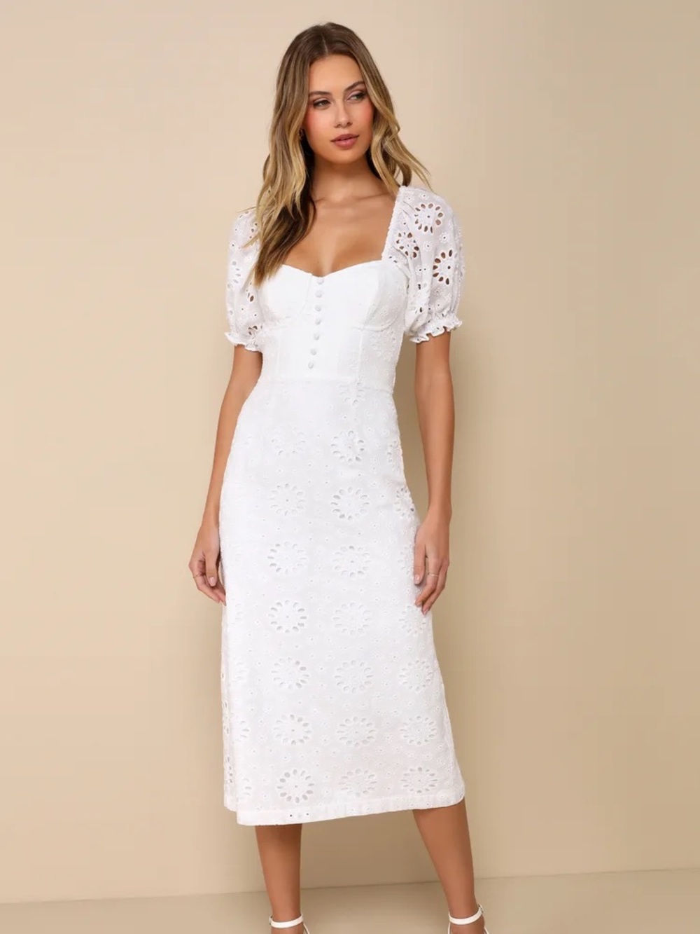 Lulu's White Eyelet Puff-Sleeve Midi with Sweetheart Neckline
